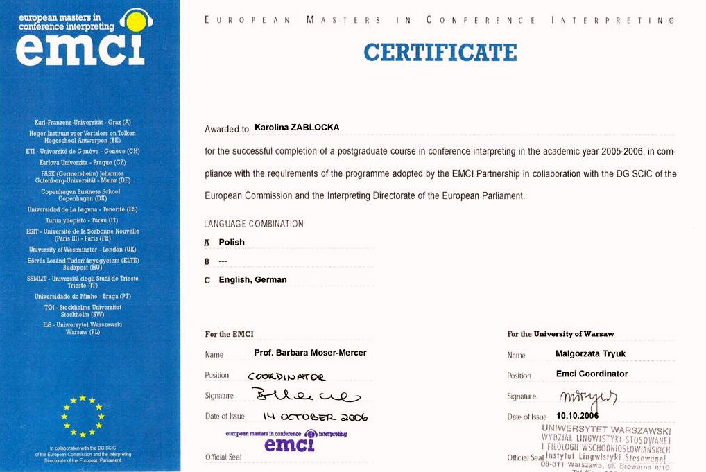 EMCI Postgraduate-Abschluss in Konferenzdolmetschen